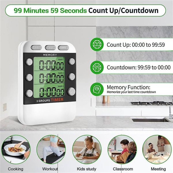 Digital dobbel kjøkkentimer, 3 kanaler telle opp/ned timer, trippel matlagingstimer, display, høyt volum alarm