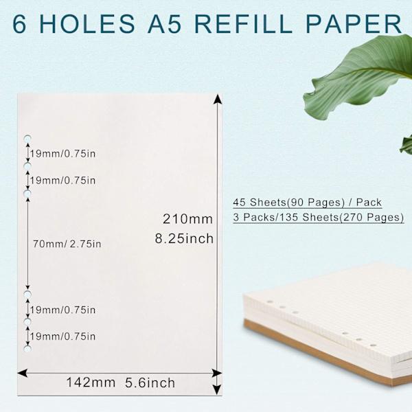 A5-påfyllningspapper, 3 förpackningar 100GSM tjockt påfyllningsbart papper 6 håls fyllmedel insatser lösblad papper 135 ark (270 sidor) för pärm journal anteckningsbok
