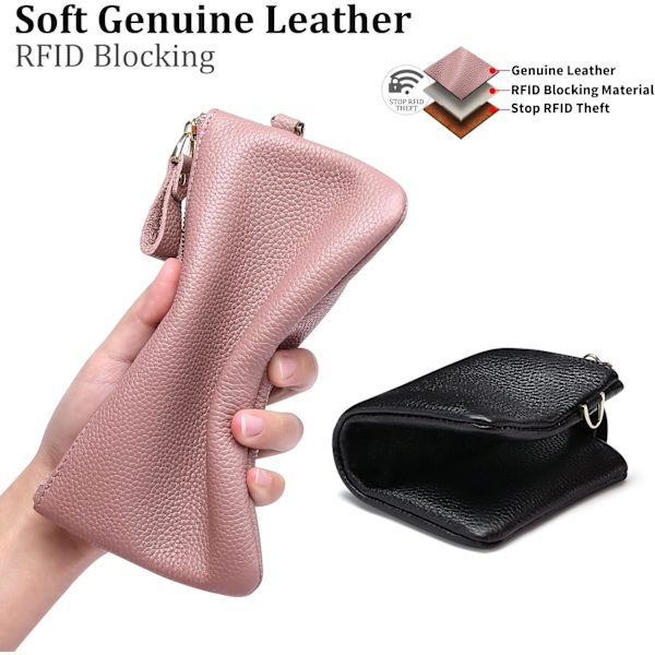 Håndleddsveske for kvinner, RFID-blokkerende Clutch-vesker for kvinner, ekte lærhåndvesker for kvinner med håndleddsstropp og glidelåslomme for mynter Dark Pink