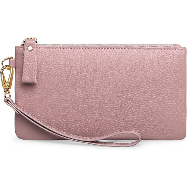 Håndleddsveske for kvinner, RFID-blokkerende Clutch-vesker for kvinner, ekte lærhåndvesker for kvinner med håndleddsstropp og glidelåslomme for mynter Dark Pink