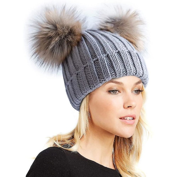 Dame Vinter Dobbelt Pom Pom Hue Fleeceforet Bobble Hat Strikket Faux Fur Pom