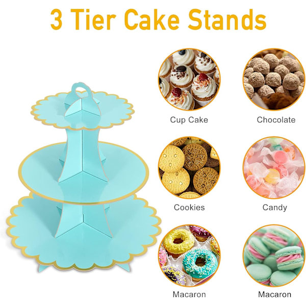 2-pack Blå Kakställ i Kartong, Cupcakesställ 3-våningar, Kartongkakställ för Afternoon Tea, Kartongkakställ 3-våningar