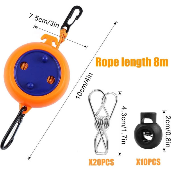 Bærbar klesline for reiser, justerbar klesline for camping, 8m anti-tangle opprullbar klesline, med 10 faste spenner og 20 klesklyper (8m oransje)