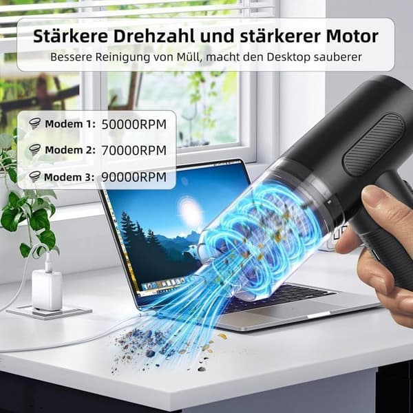 Trykkluftblåser - PC-blåser - 6000mAh batteri - 3 hastigheter - Høyeffektiv støvfjerner for PC-er, tastaturer, biler