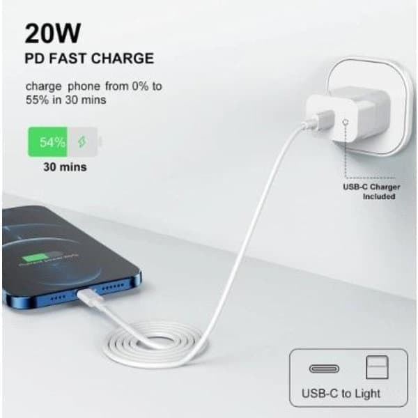 iPhone Hurtigoplader USB-C Strømadapter 20W + 2m Kabel Hvid (1 Oplader & 1 2m Opladerkabel)