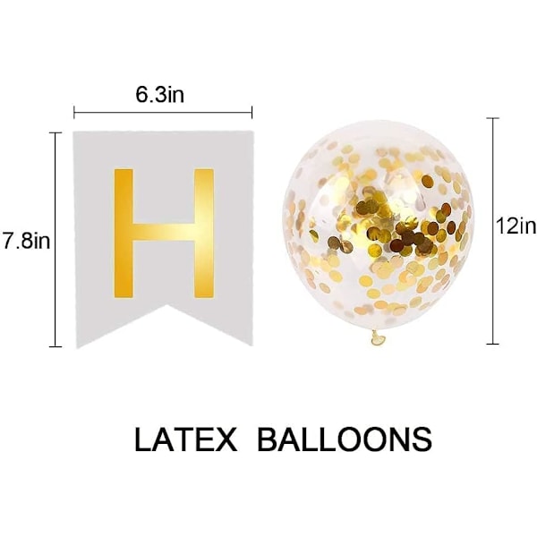 Grattis på födelsedagen Banner Födelsedagsvimpel med 5 Guld Konfetti Latexballonger Perfekt för Födelsedagsfest Dekorationer - Vit