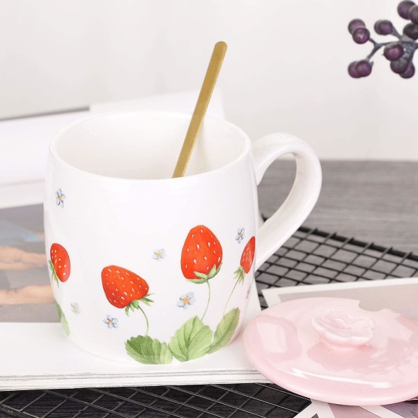 13 oz jordbærmønster keramisk krus porselen kaffekopper Melkete kopp, med skje og lokk, for kontor hjemme