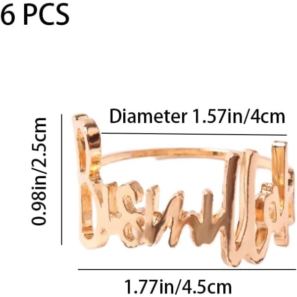 6 stk. Servietringe i Metal - Guld Servietspænder til Bryllup, Fødselsdag, Middag, Fest, Familiemøder, Bordpynt