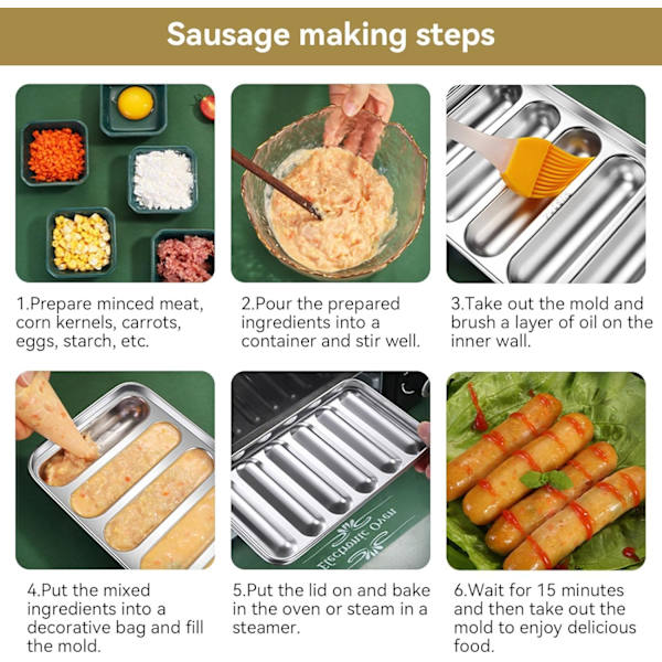2 stk. Pølseform i rustfrit stål, 6 hulrum Hotdogform Baby Kød Pølseform til ovn Damper Opvaskemaskine Køleskab