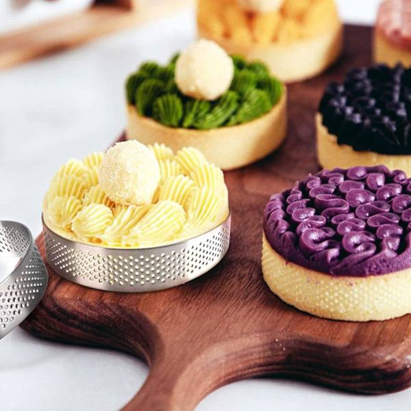 10 stk. Bageforme 7 cm Runde Tærteforme med Huller Rustfrit Stål Frugt Tærte Quiches Kage Mousse Form Køkken Bageform Tærteforme til Bagning