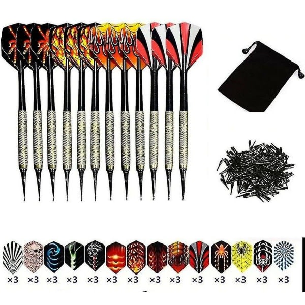 Set, 12-pack pilar med mjuk spets för elektronisk darttavla med extra 42 dartflygningar och 100 svarta plastpilar