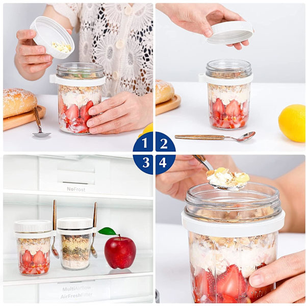 2-pakning overnatthavregryteglass, 10 oz frokostblanding, melk, grønnsak- og fruktsalatoppbevaringsbeholder med målemerker (HVIT)