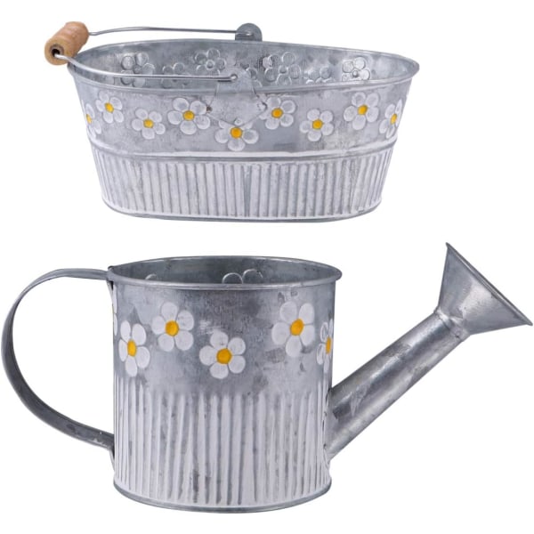 1 sett galvanisert metall bøtteplantekar Vintage Daisy preget hage metall tinn bøtte planter potter Vannkanne Vase vannkoker blomsterpotte (sølv)