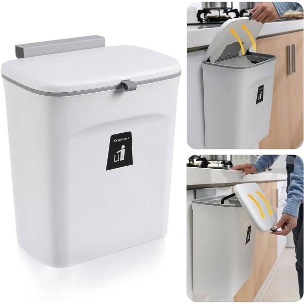 9L hængende køkkenspand med låg, skabsspande til køkkendør, affaldsspand under vask på bordplade, hængende spand til kontor i soveværelset på badeværelset (hvid)