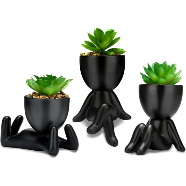 QIUKUN Falske Mini-sukkulenter Planter Kunstige i sort Moderne menneskeformede keramiske potter Sød skrivebordsindretning Skrivebordsplante til kontorindretning(3 STK)