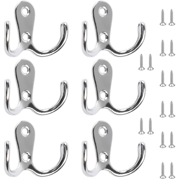 6 PCS Double Prong Robe Hooks Dual Coat Hooks Door Hooks with 16 PCS Screws Chrome Wall Mounted Hooks for Hanging Hat Tie Clothes Towel Metal Retro