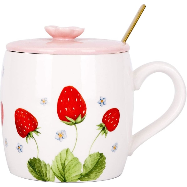 13oz Strawberry Pattern Ceramic Mug Porcelain Coffee Mugs Milk Tea Cup, With Spoon & Lid, For Office Home