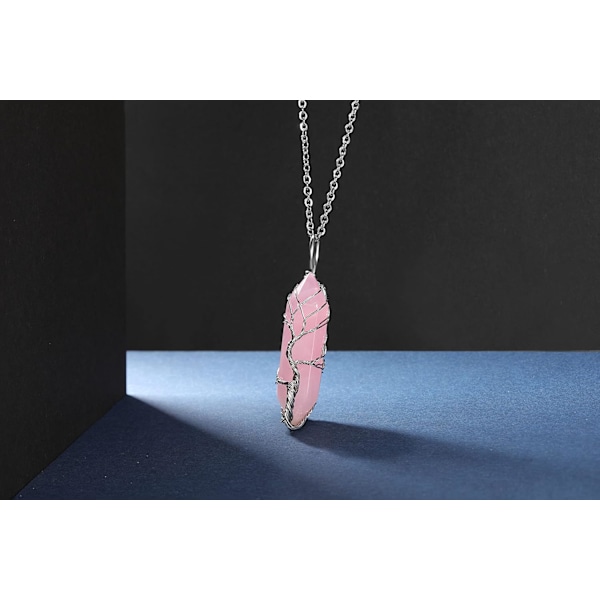Naturlig läkande kristallstenshalsband silver livets träd tråd lindad hexagonal kristallpunkter hänge halsband smycken mors dag gåvor rose quartz