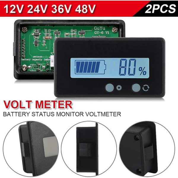 2 kpl Lcd-akun kapasiteetin valvontalaitteen mittari, 12v/24v/36v/48v lyijyakun tilan ilmaisin