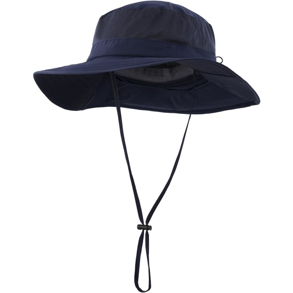 Utomhus UPF50+ Mesh Solhatt Bred Brätte Fiskehatt med Nackskydd Navy Blue