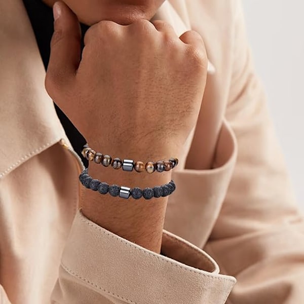 Herre Perlearmbånd Sæt, 8mm Naturlig Lava og Tigerøje Sten Stretch Armbånd, Herrearmbånd
