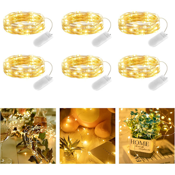 Batteridrevne LED-julelys, Kobbertråd Batteridrevne Lyslenker, Varmt Hvite Julelys Innendørs for Soverom Bryllup Krukker Flaskedekorasjoner Warm White 6 Pack