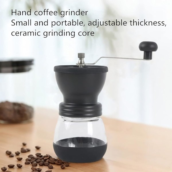 Håndholdt manuell kaffekvern, bærbar kaffemølle med keramisk kvern og justerbar grovhet, med gjennomsiktig oppbevaringskrukke