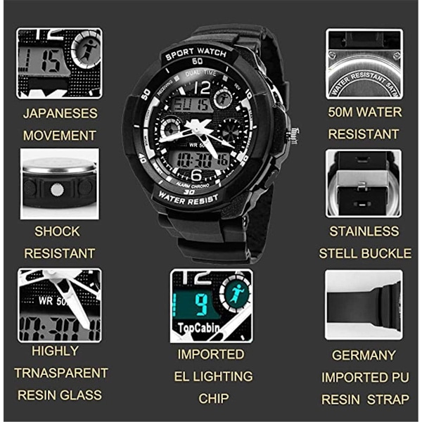 Digital-analogt børne- og teenagerur til drenge og piger med alarm, stopur, kronograf - 50 m vandtæt elektronisk sportsur til drenge White