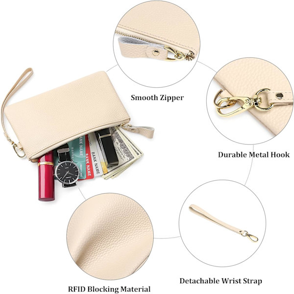 Håndleddsveske for kvinner, RFID-blokkerende Clutch-vesker for kvinner, ekte lærhåndvesker for kvinner med håndleddsstropp og glidelåslomme for mynter Beiges