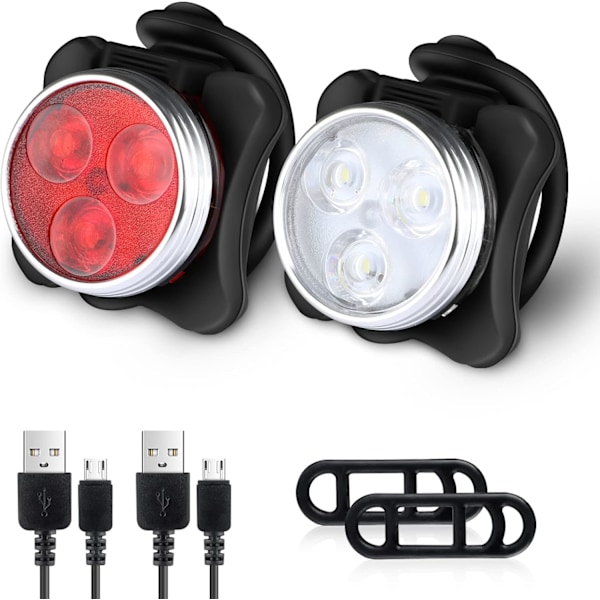 Superlys USB-oppladbare sykkellys, 4 lysstyrkemoduser foran og bak, vanntett sykkellys (2 kabler, 4 stropper)