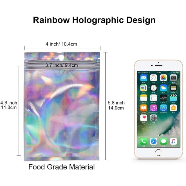 100 st holografiska Mylar-blixtlåsfickor återförslutningsbara 10,4 x 14,9 cm, förseglade folieprovpåsar presentpåsar för godis snacksmycken fransar läppglans