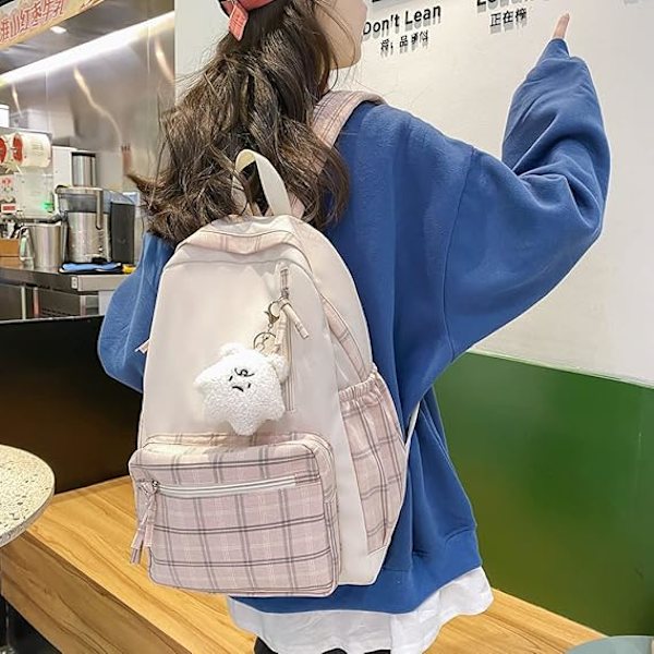 Kawaii Rygsæk med Vedhæng Sød Rygsæk Ternet Æstetisk Rygsæk Skole Tasker til Piger Teenagere Tilbage til Skolen Rygsække（C)