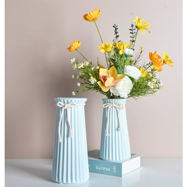 Hvid Keramisk Riflet Vase til Minimalistisk Moderne Hjemmeindretning, Dekorativ Blomster Vase til Bryllup Middagsbord Kontor Soveværelse - 7,5 Tommer / 20 CM-blå