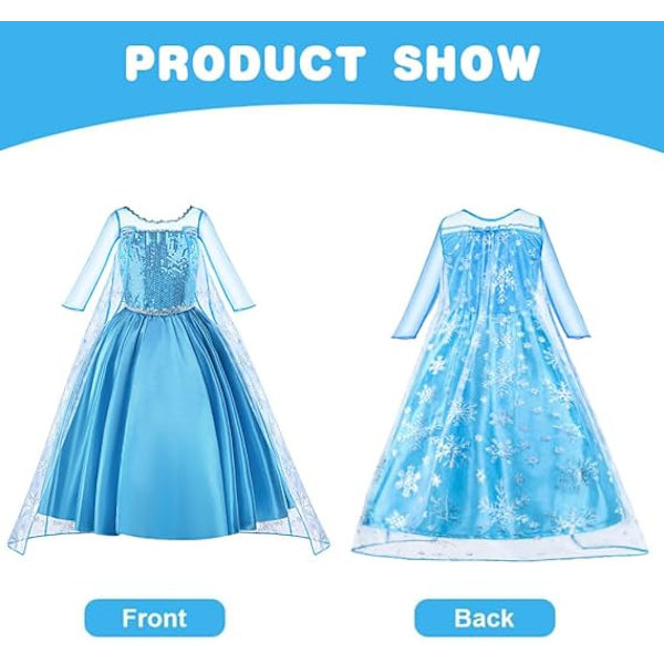 Elsa Prinsessdräkt, Elsa klänning, Prinsessklänning för flickor, Deluxe Glittrande Kappa Maskeradklänning för Halloween jul födelsedagsfest kostym, 130cm