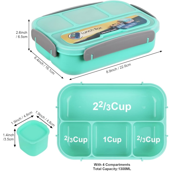 Matboks for voksne, matboks for barn, matbeholdere for voksne, barn og studenter, 6 rom 1300ml bento matboks Green