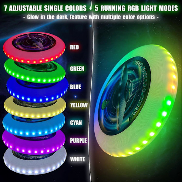Glow in The Dark LED Flygande Frisbee - 38 RGB LED-lampor, 7+5 Ljuslägen, Laddningsbar, IP65 Vattentät Utomhusspel Coola Leksaker för Vuxna och Familj/Pojkar/ White