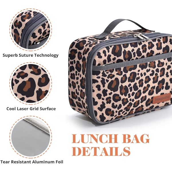 Mini lasten lounaslaukku, eristetty uudelleenkäytettävä lounaslaukku, termosruokasäiliölaukku vedenpitävällä vuorauksella, lounaslaukku kouluun, töihin, piknikille (Leopard)