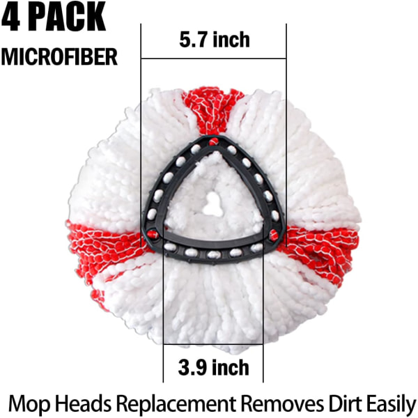 4 stk. moppehovederstatning, kompatibel med Vileda 2-i-1 Turbo Triangle Spin Mikrofibermopperhoveder, hvid og rød
