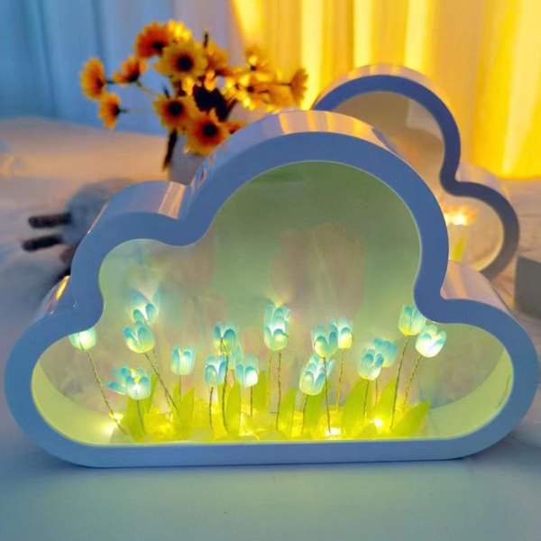 Cloud Mirror Tulip Lamp, Hand Craft Diy Tulips Mirror Night Light Blue