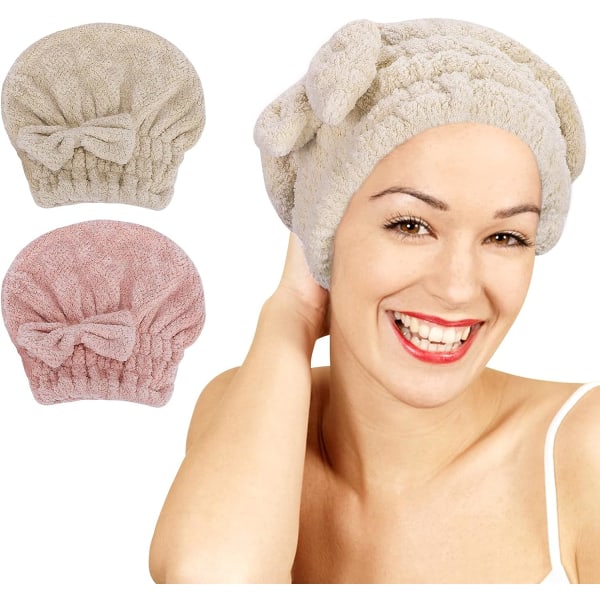 2 pakke mikrofiber hårtørkehåndklær, superabsorberende turban hårhåndklehette, hurtigtørkende hodeinnpakning med bueknute dusjhette for krøllete (rosa og brune)
