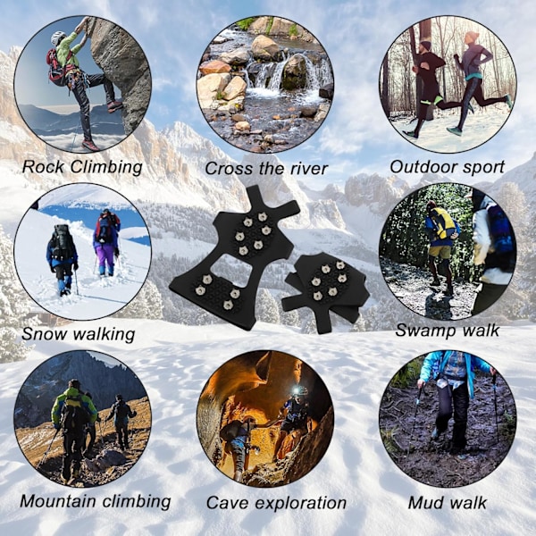 Crampons isbrodder for sko og støvler, snøgrep med 10 rustfrie stålpigger, vinter utendørs sklisikre crampons for gåing, fiske