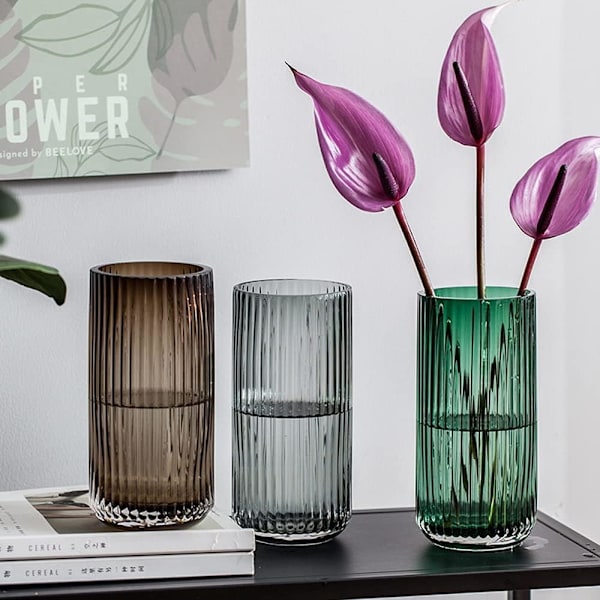 Tjockad grön glasvas - Ribbad glasblomvas för rustik heminredning, dekorativa vaser för blommor för modern bondgård