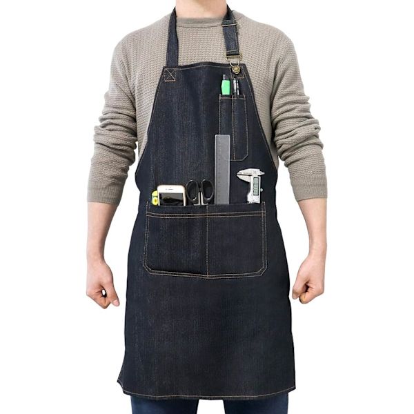 1 st kraftig denim-arbetsförkläde med fickor, justerbart jeanverktygsförkläde för män och kvinnor - Svart