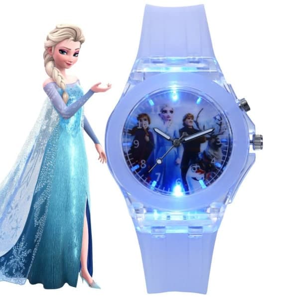 Flickor Barn Cartoon Klocka Frozen Quartz Klocka LED Flash -