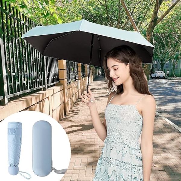 Sammenleggbar paraply, 6 ribber mini paraply liten paraply med kapseletui Mini anti-UV paraply raskt tørr og ultra lett kompakt (blå)