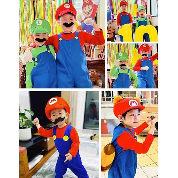 Kostume til børn 3-12, Mario og Luigi kostume spil outfit fancy dress up jumpsuit bodysuit cosplay med hat handsker overskæg （GRØN，M)