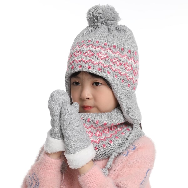 Vintermössa för barn Halsdukshandskar Set För Barn Flickor Pojke Varm stickad mössa med öronlapp 1 set Pink