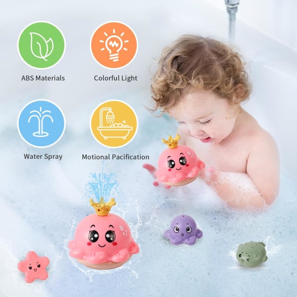 Baby badleksaker för 1 2 3 år gamla pojkar flickor, LED automatisk spray vatten bläckfisk lyser upp badkar simbassäng leksaker presenter för småbarn 0-6 månader Pink Octopus