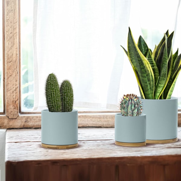 Keramisk Blomkruka Set med Bambusbricka Blå Inomhus Blomkruka Blå Blomkruka Set Keramisk Blomkruka Behållare Utomhus med Underfat (Stor)