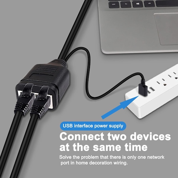 Ethernet-splitter 1 til 2 adapter RJ45-splitter for Cat5/5e/6/7 RJ45 1 hann til 2 hunn 100 Mbps høyhastighets LAN-distributorkontakt med USB